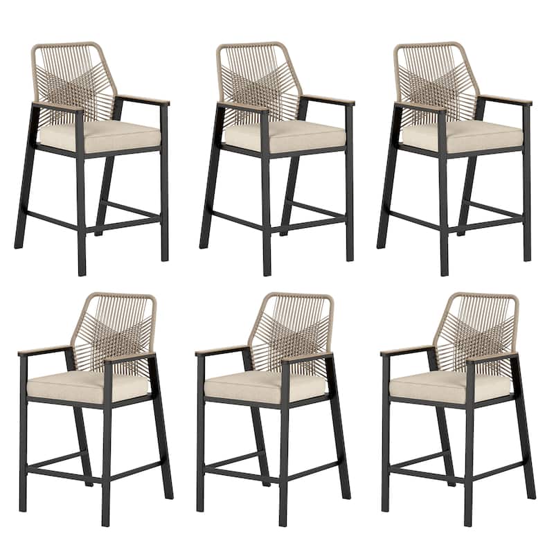 MAISON ARTS Modern Twill Wicker Woven Outdoor Bar Stool Chair Set, Counter Height Stool with Back and Cushion