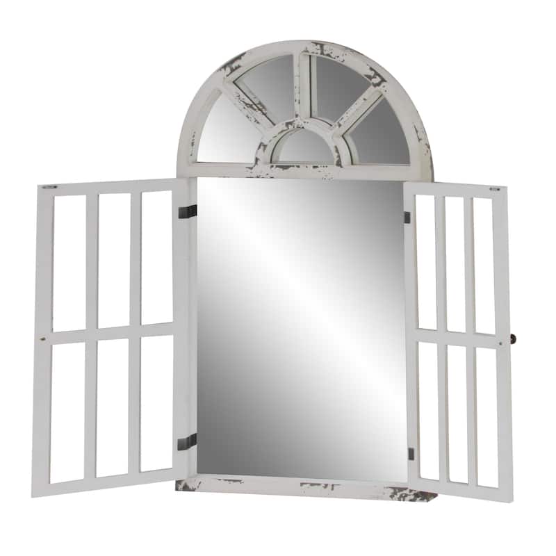 Wood Window Pane Inspired 2 Door Room Wall Mirror with Arched Top and Distressing - White - Roche River Decor