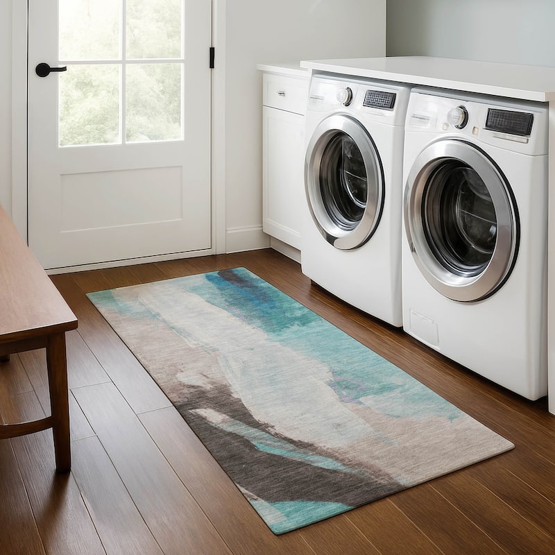 Premium Washable Super Soft Abstract Brushstrokes Mayfield Rug - Teal - 2'3" x 7'6"