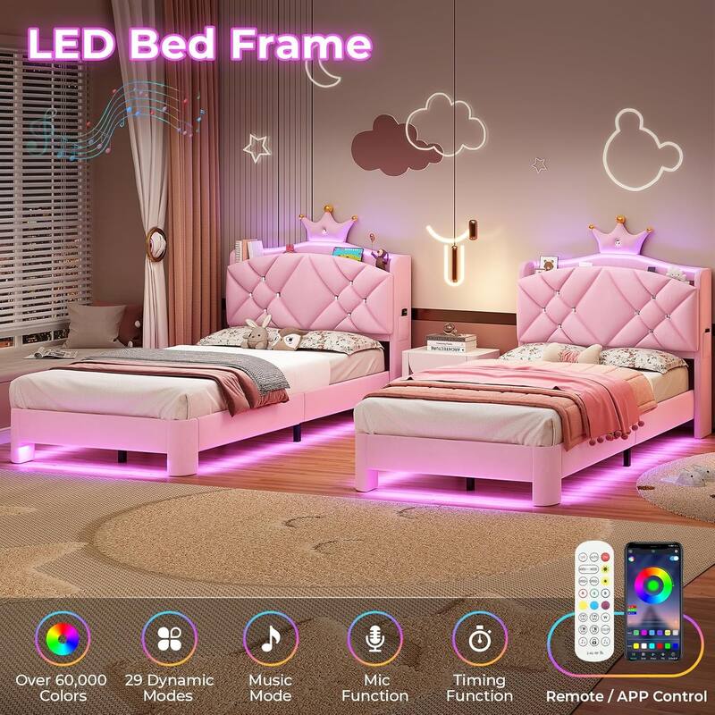 Princess Upholstered Bed with Headboard Charging Station Crystal Button Crown