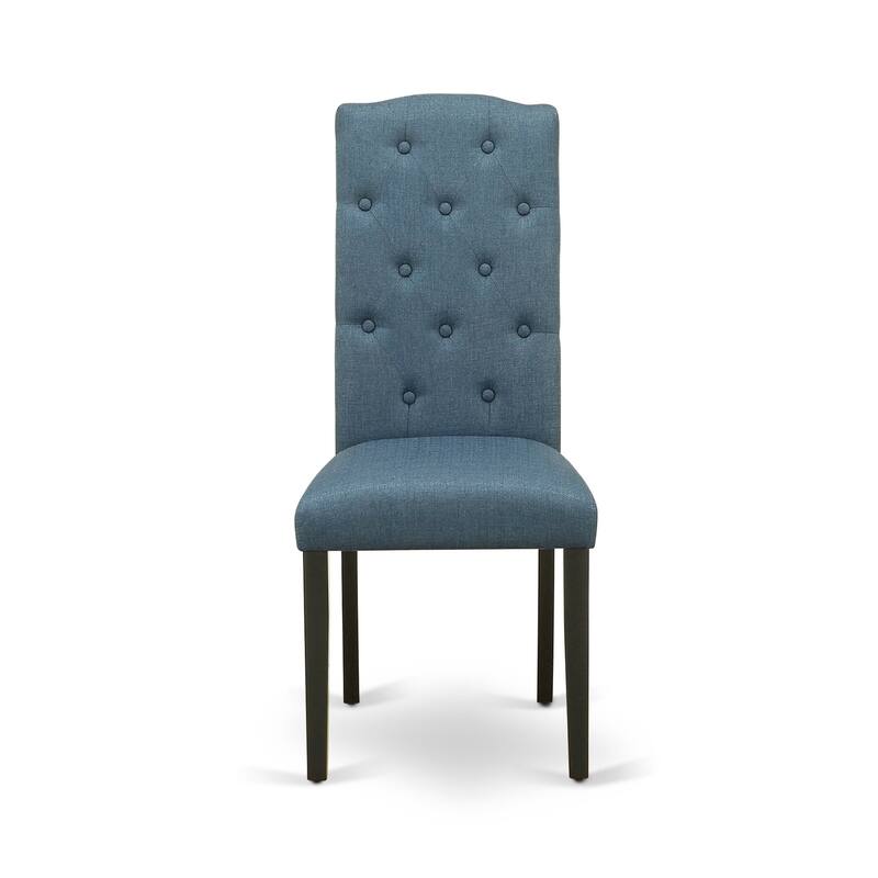 East West Furniture Dinette Set- a Round Kitchen Table and Mineral Blue Linen Fabric Chairs, Black & Cherry (Pieces Options)