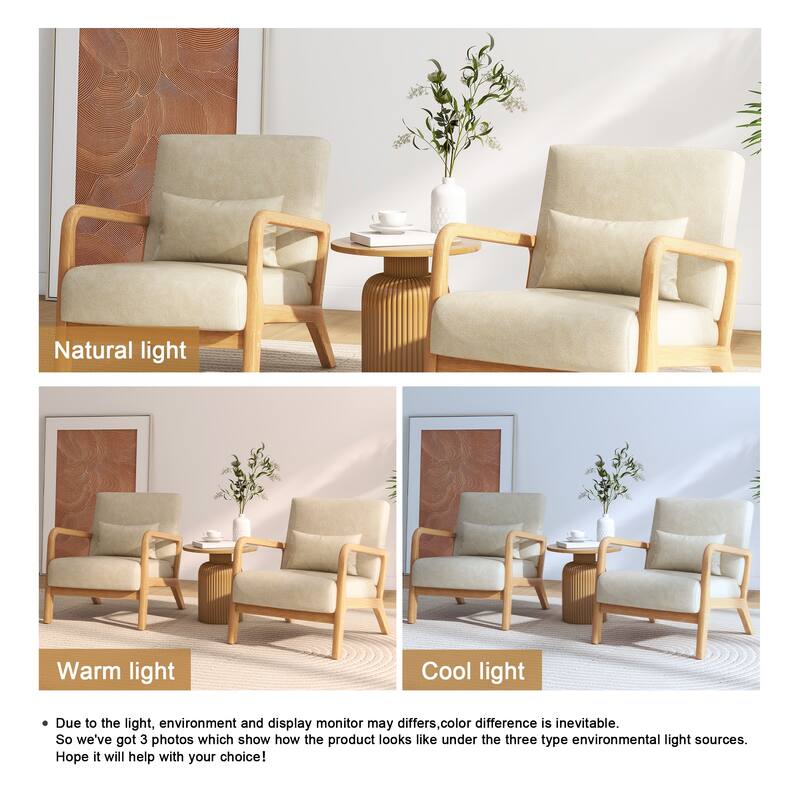 Briston 2 Set Mid Century Modern Wood Accent Chairs with pillow - PU Leather - Cream(PU)-2Pack