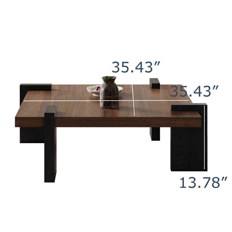 35.43" Mid Century Modern Square Coffee Table, Brown Solid Wood Veneer,4 Black Wood Legs