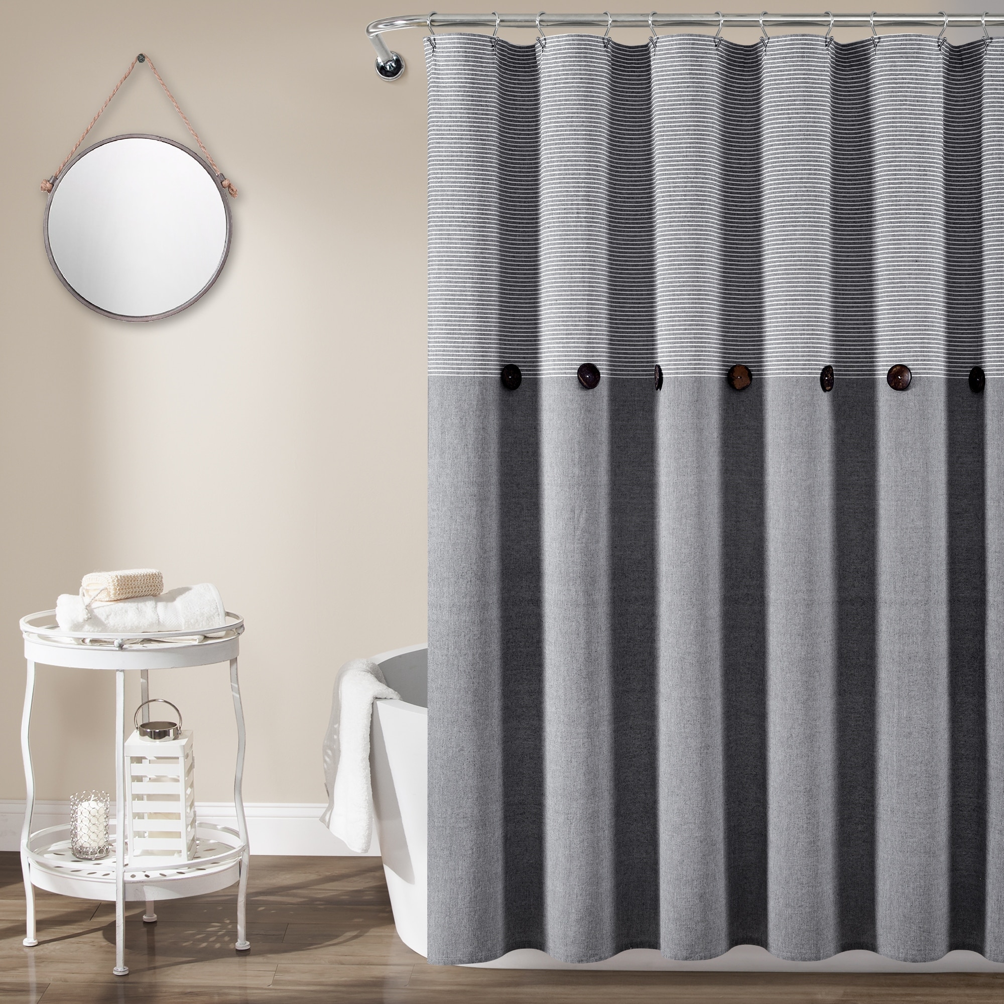 Lush Decor Farmhouse Button Stripe Yarn Dyed Woven Cotton Shower Curtain
