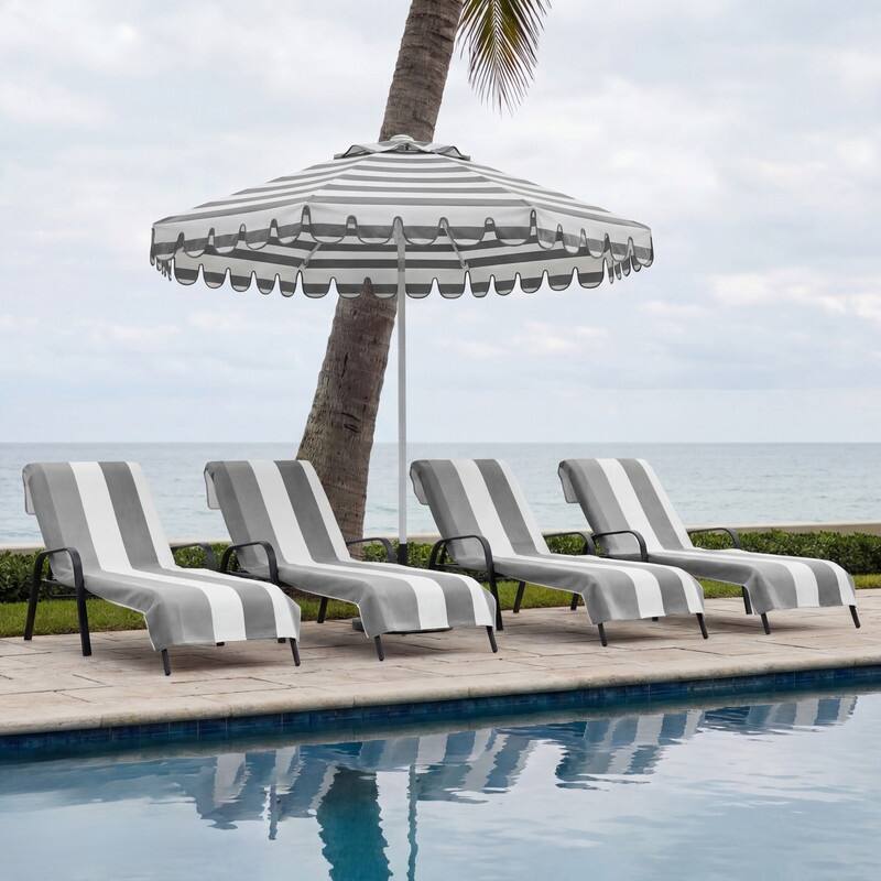100% Cotton Cabana‑Stripe Lounge Chair Cover Terry Towel with Fitted Pocket & Back Flap Set of 4 - Light Grey