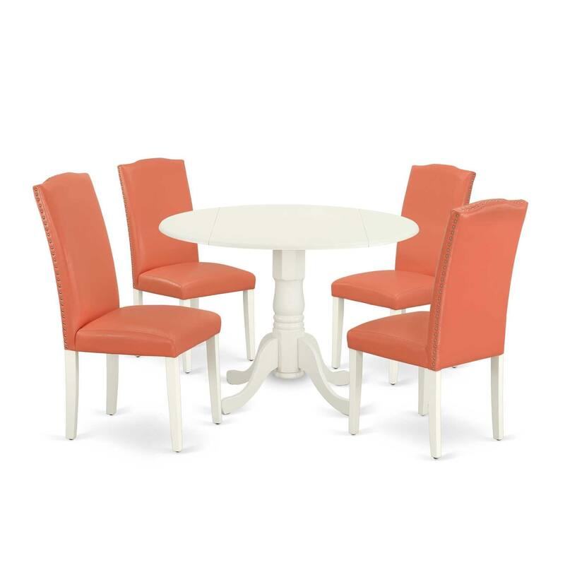 Round Kitchen Table Set 5pc 42 Inch Table w/ Drop Leaves & 4 Pink Flamingo Chairs