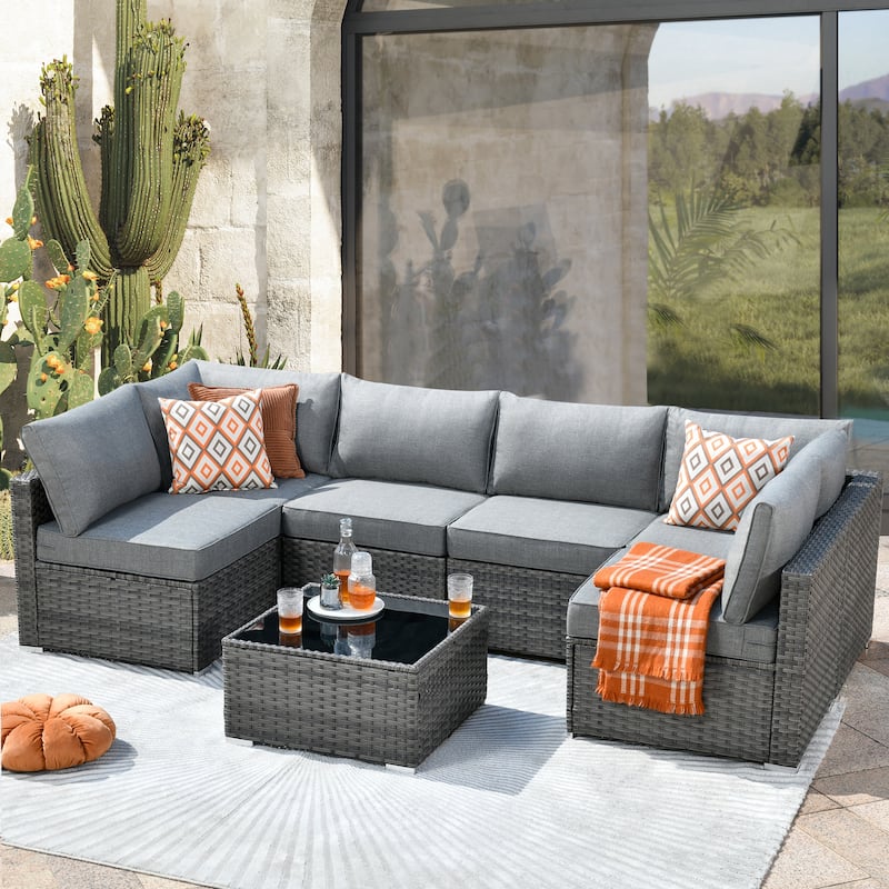 HOOOWOOO 7-piece Grey Rattan Wicker Outdoor Furniture Sectional Set - Dark Grey