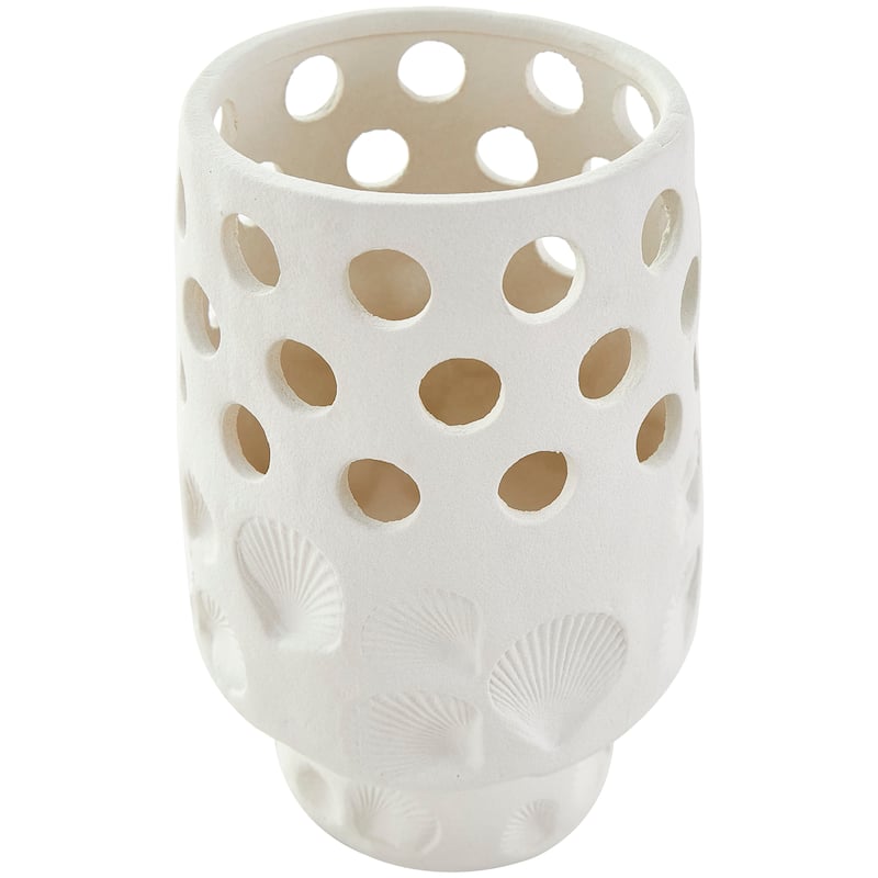White Ceramic Shell Vase with Circular Cutouts
