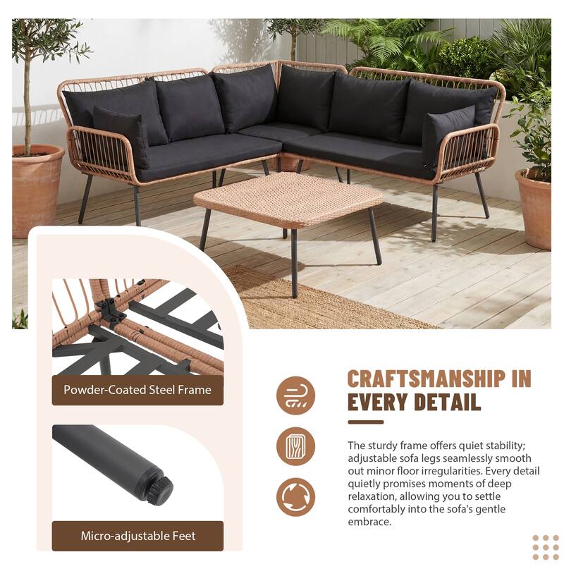 Outdoor Patio Furniture L-Shaped Corner Wicker Sofa Set with Coffee Table