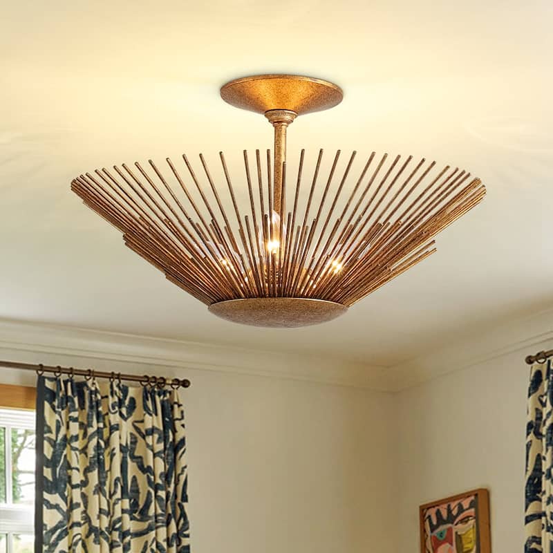 3-Light Vintage Luxe Gold Leaf Sunburst Semi Flush Ceiling Light