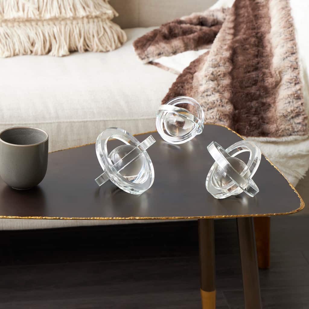 Clear Glass Orb Geometric Decorative Sculpture with Overlapping Rings and Ball Center (Set of 3)