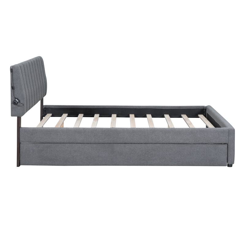 Full/Queen/Twin Teddy Fleece Upholstered Platform Bed with Trundle, LED Lighting, and Storage, Durable Frame, Beige/Grey