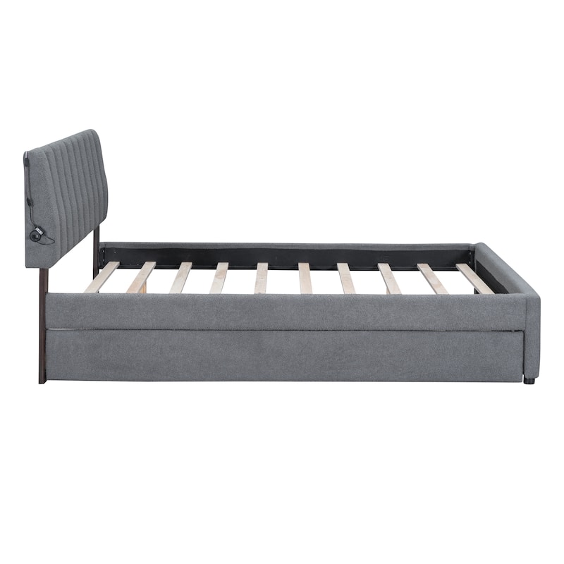 Teddy Fleece Queen Size Upholstered Platform Bed with Twin XL Trundle, Gray