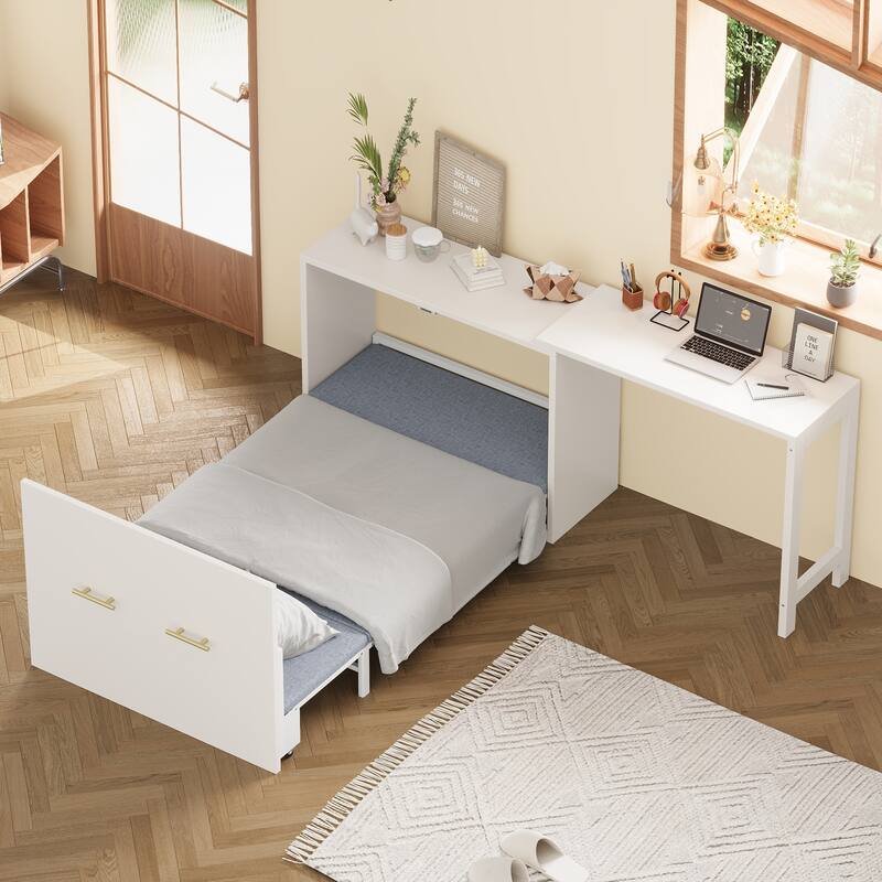 Twin Murphy Cabinet Bed - Space-Saving Foldable Bed with Adjustable Desk & Storage Drawers for Guest Rooms - White