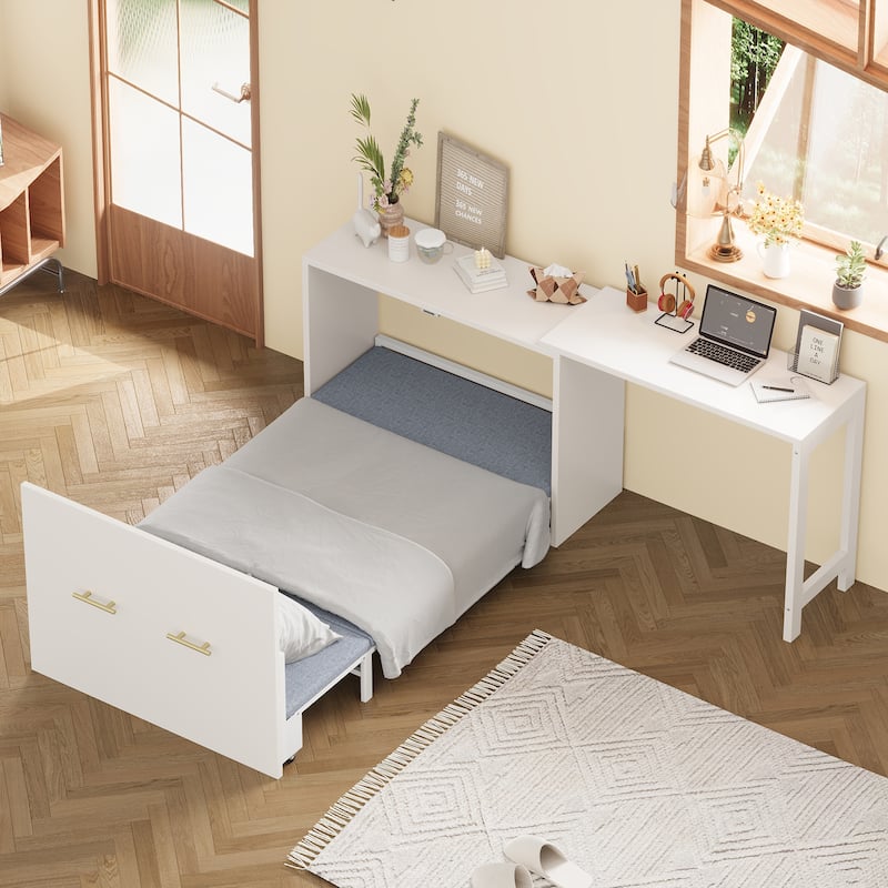 Twin Size Murphy Cabinet Bed - Adjustable Desk, Foldable Cushion, Chest Dresser for Small Spaces/Guest Room - White