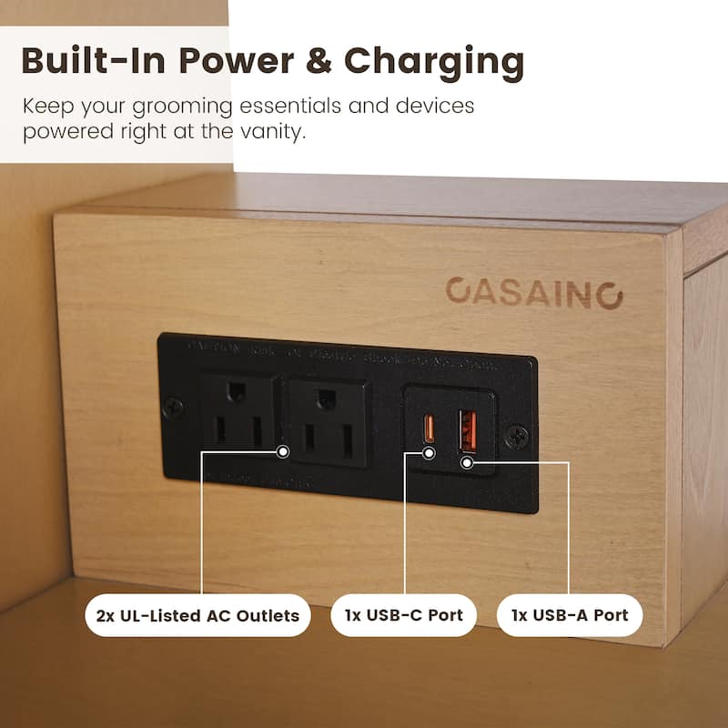 36" Freestanding Bathroom Vanity with Engineered Stone Top, Ceramic Sink, Built-In Power Outlet, and Soft-Close Doors