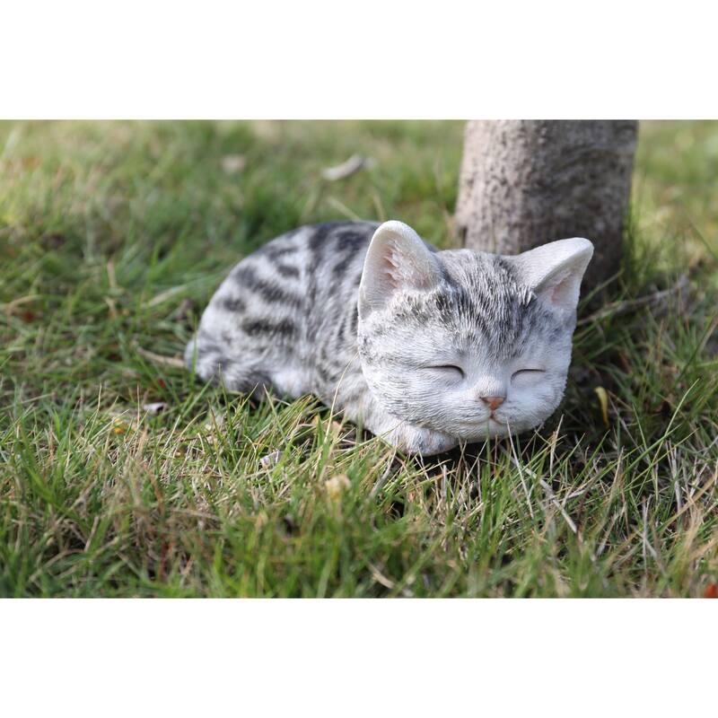 Sleeping Tabby Kitten Outdoor Garden Statue - Gray - 7"