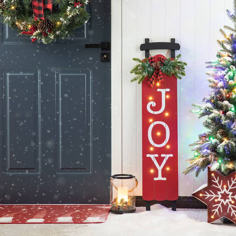 Glitzhome 40.5"H Lighted or Plaid Wooden JOY Porch Sign - Red