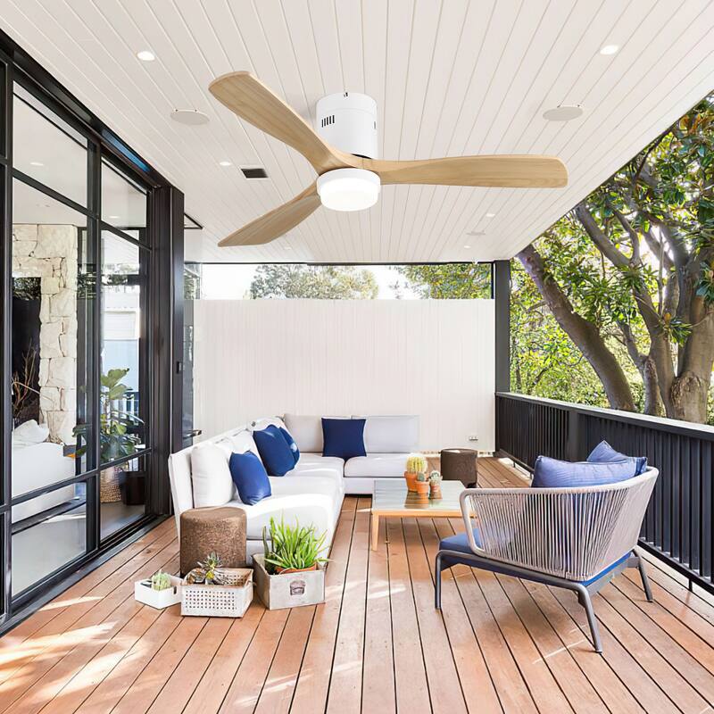 52" Flush Mount Ceiling Fan with Light, Noiseless Reversible Motor Ceiling Fan for Indoor Outdoor, 3 Solid Wood Fan Blades