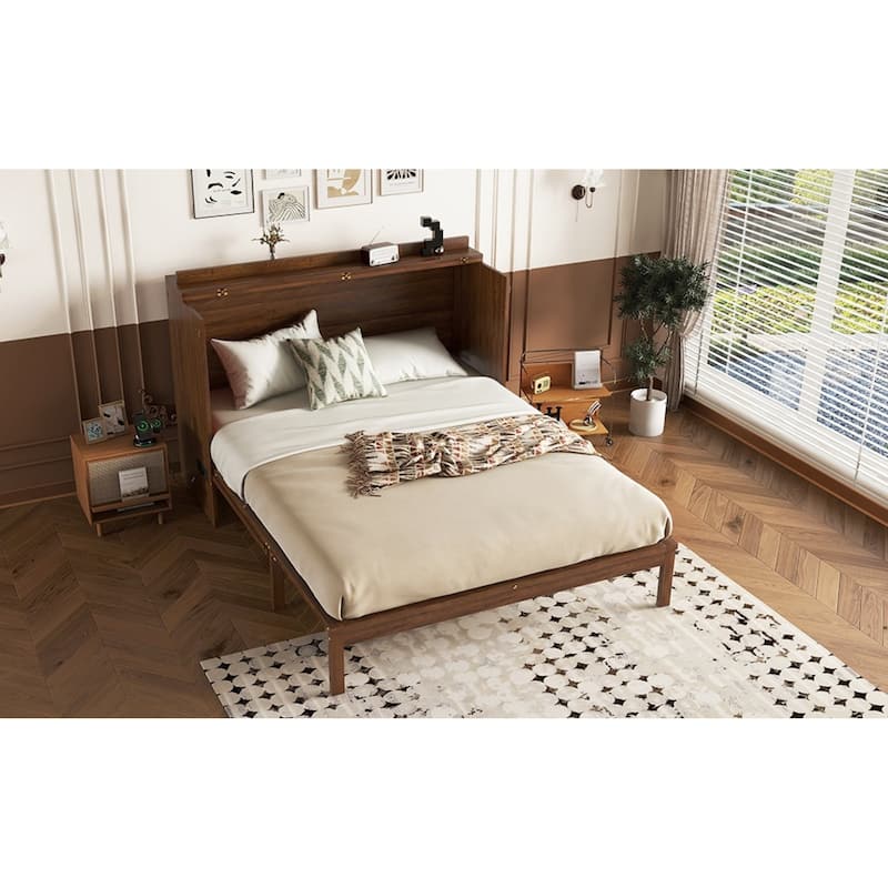 Roomfitters Queen Murphy Bed Cabinet, Pine Wood Fold-Down Bed with Power Station and Rattan Accent Panel