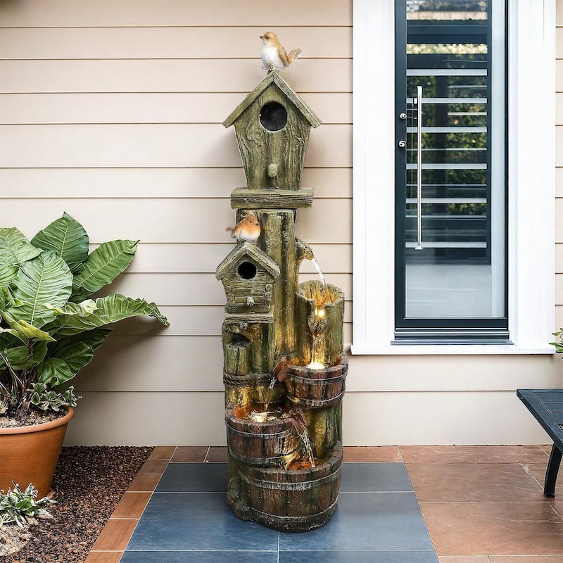 39.3in Outdoor Water Fountain w/LED Lights, Birdhouse Garden Fountain - Floor - Polyresin - Grey