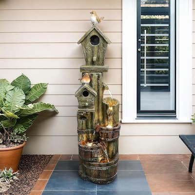39.3in Outdoor Water Fountain w/LED Lights, Birdhouse Garden Fountain