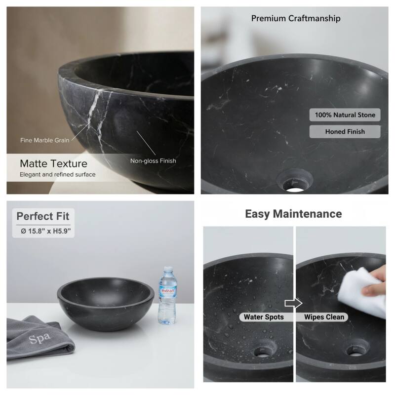 Roomfitters Marble Bathroom Vessel Sink, Natural Stone Countertop Wash Basin, Round Matte Vanity Bowl, Above Counter, Dark Grey