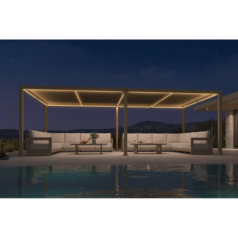 PURPLE LEAF Solar Louvered Pergola with LED String Lights Aluminum Outdoor Pergola with Adjustable Roof for Patio Garden - 11' x 28' - Champagne