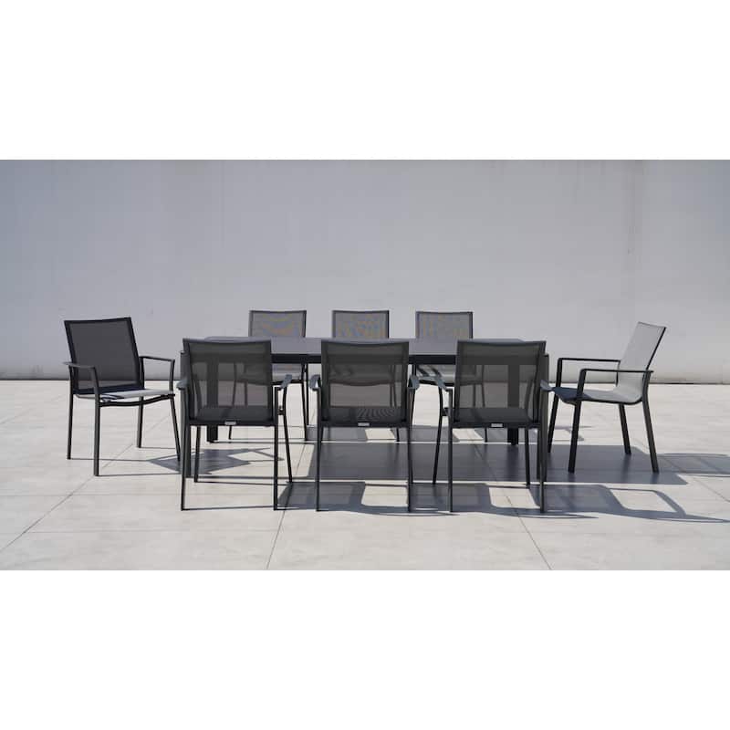 Nicola Dark Grey 9-Piece Aluminum Outdoor Dining Set with Sling Set in Pewter - N/A