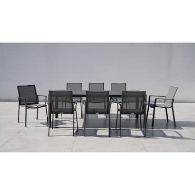 Nicola Dark Grey 9-Piece Aluminum Outdoor Dining Set with Sling Set in Pewter - N/A