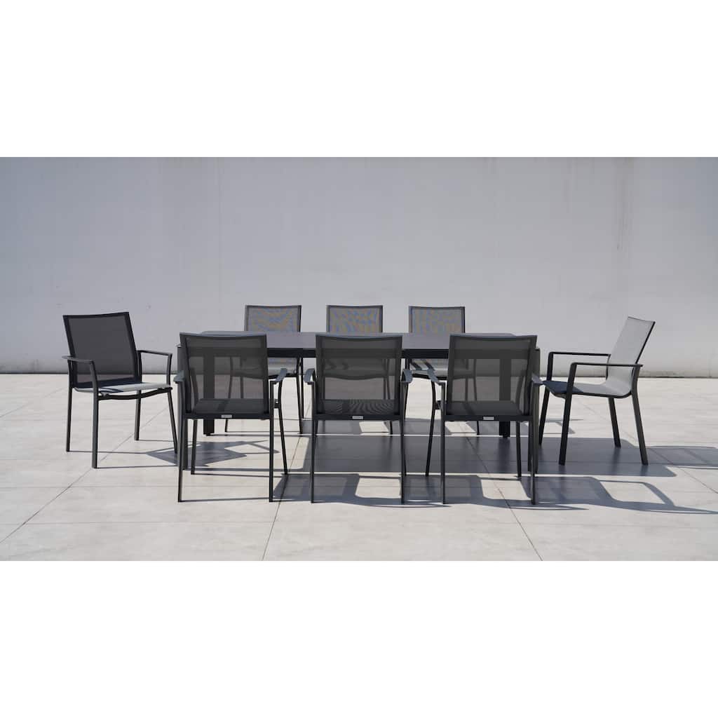 Nicola Dark Grey 9-Piece Aluminum Outdoor Dining Set with Sling Set in Pewter - N/A