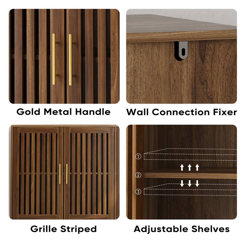 Anmytek Farmhouse Walnut 31.5" W Buffet Sideboard - Louvered Doors Storage Cabine