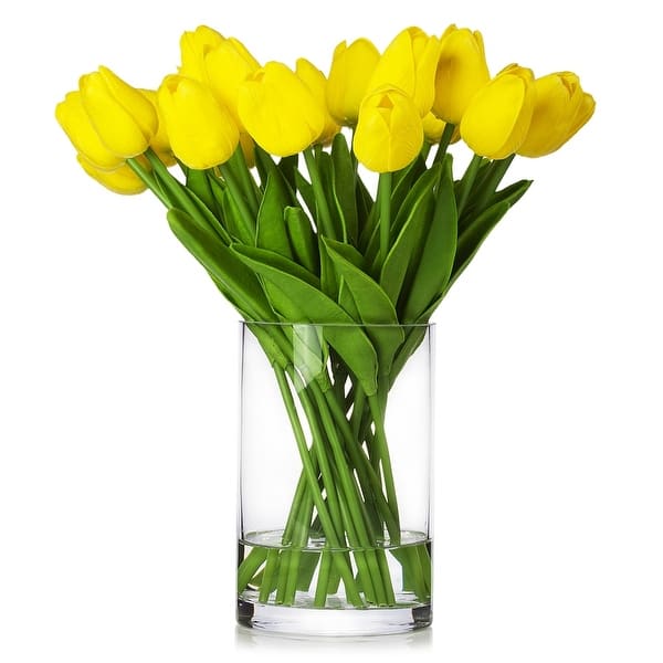slide 2 of 22, Enova Home 20 Pieces Artificial Real Touch Tulips Fake Silk Flowers Arrangement in Glass Vase with Faux Water for Home Decor Yellow