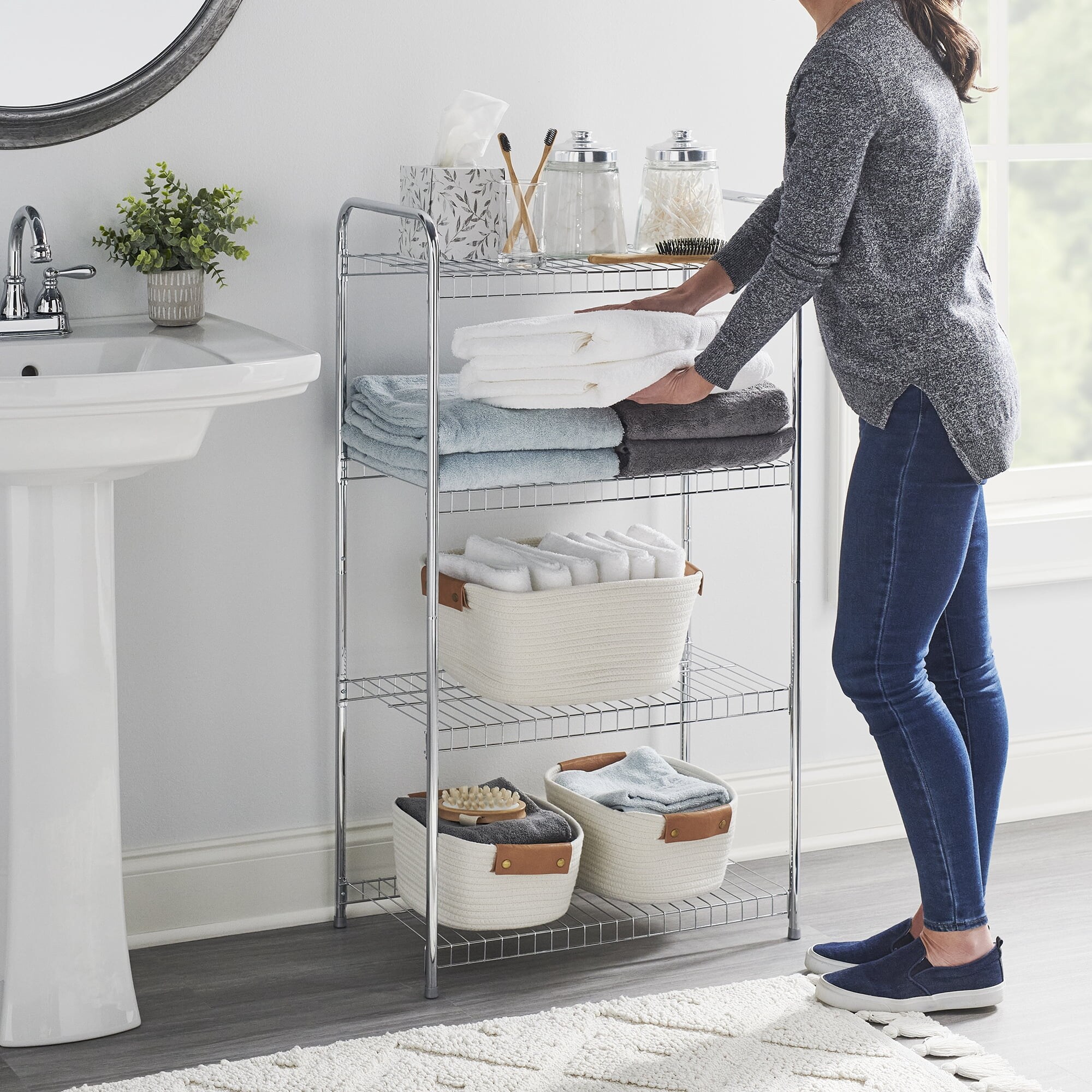 Brushed nickel bathroom shelving unit deals
