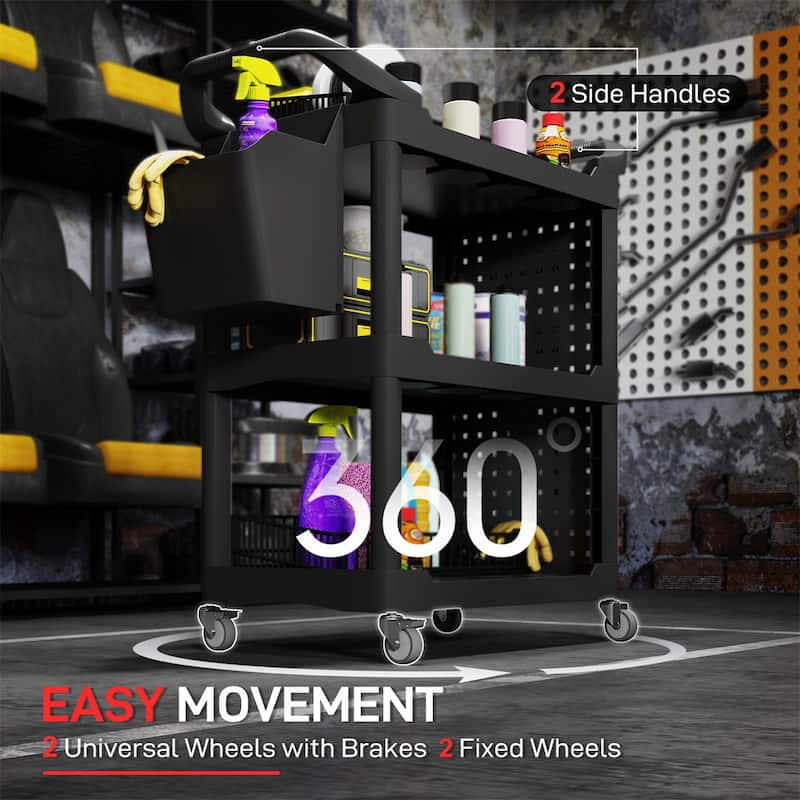 Adjustable Workshop Stool with Lumbar Support, Locking Wheels and Metal Tray and Bottle Holders