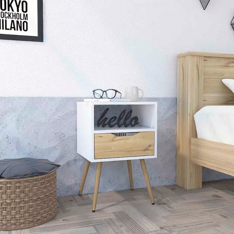 Nightstand Fugaz, Open Shelf,Single Drawer,White / Light Oak Finish - White
