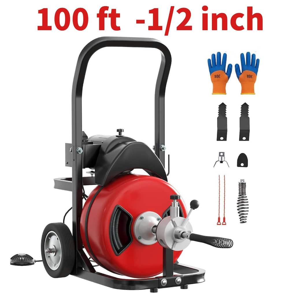 100FT 1/2 Inch Portable Electric Drain Auger, Drain Cleaning Machine with Blue Gloves