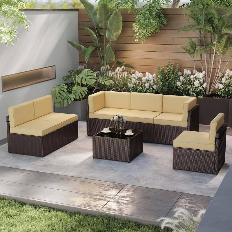 7PC Outdoor Patio Furniture Set, Wicker Patio Sectional Furniture Set with Coffee Table & Cushion for Garden, Backyard, Poolside - Beige