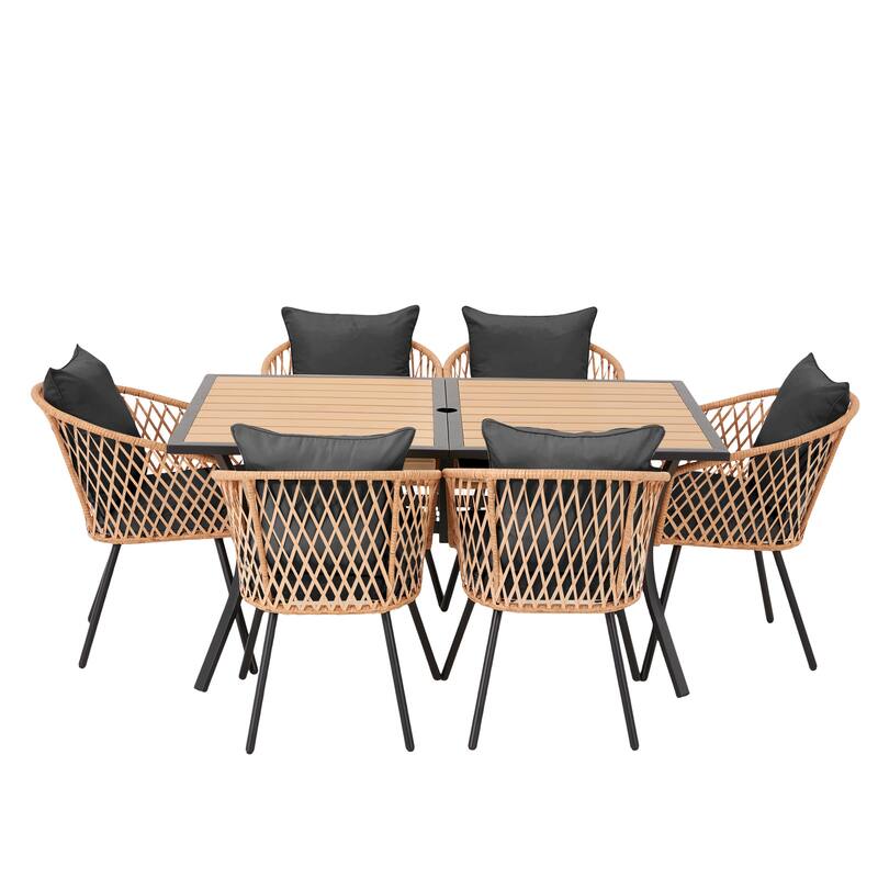 EROMMY 7 Piece Outdoor Dining Set with Umbrella Hole, Patio Table and 6 Rattan Chairs with Cushions, Weather-Resistant Furniture