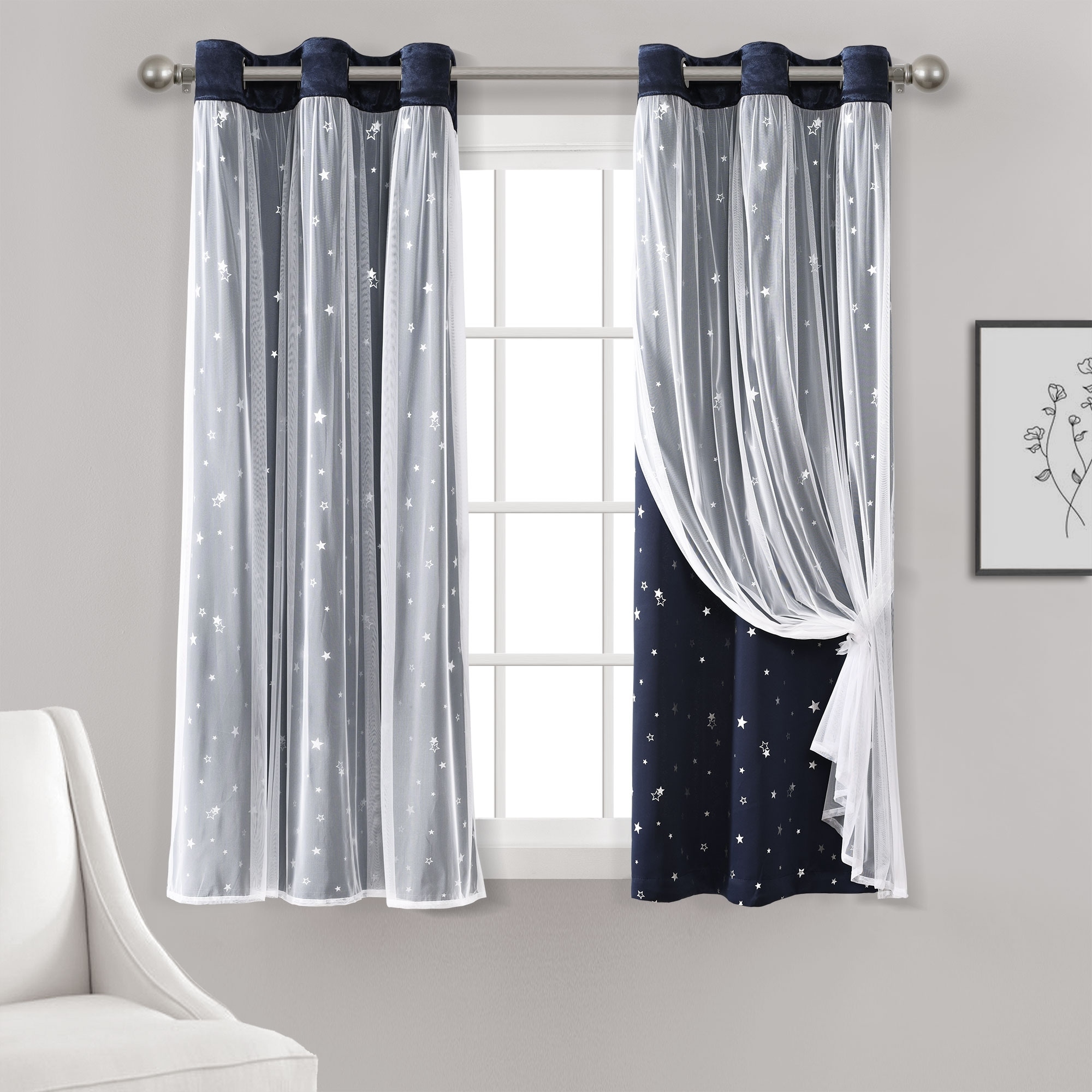Lush Decor Star Sheer Insulated Grommet Blackout Window Curtain Panel Pair - 84 Inches - Neutral