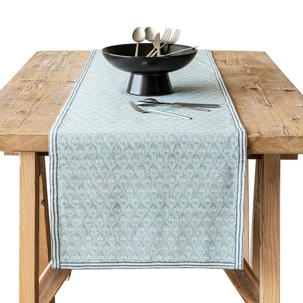 slide 2 of 93, Over&back Hand-Blocked Printed Cotton Table Runner - Machine Washable 18 x 108 - Blue Leaf