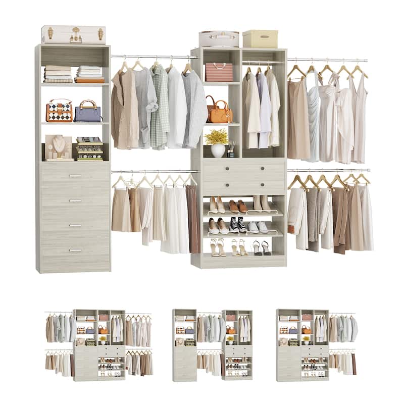 Set of 2 Closet Organizer System with Wood Drawers, Amoire Wardrobe with Hanging Rods