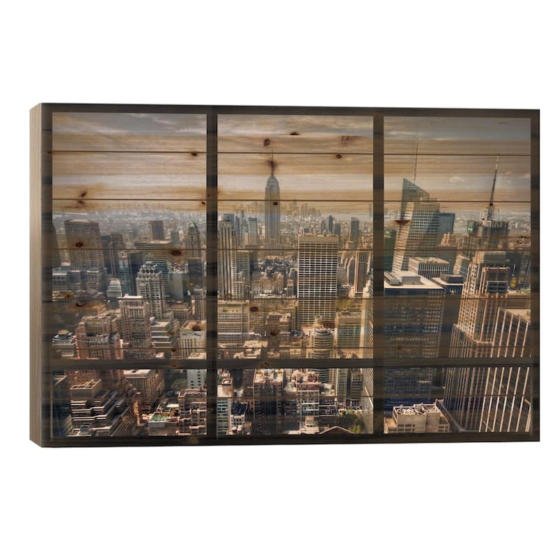 New York City Skyline Window View Print On Wood by Unknown Artist - Multi-Color - 26x40x1.5