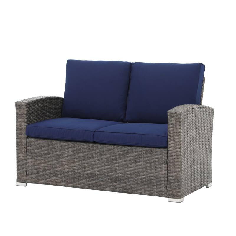 4 Person Patio Rattan Conversation Set with Grey Cushions Outdoor Tempered Glass Table
