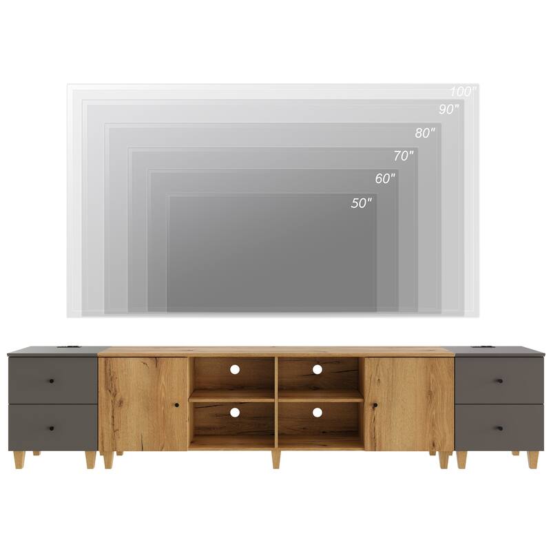 WAMPAT Wood TV Stand with Drawer & Charging Station for 100 Inches TVs