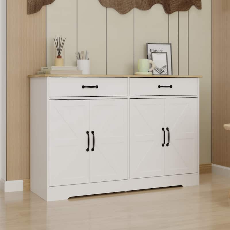 47.95" Farmhouse Buffet Cabinet Storage Sideboard with 2 Drawers and 4 Doors for Dining Living Room Kitchen Cupboard-White - White