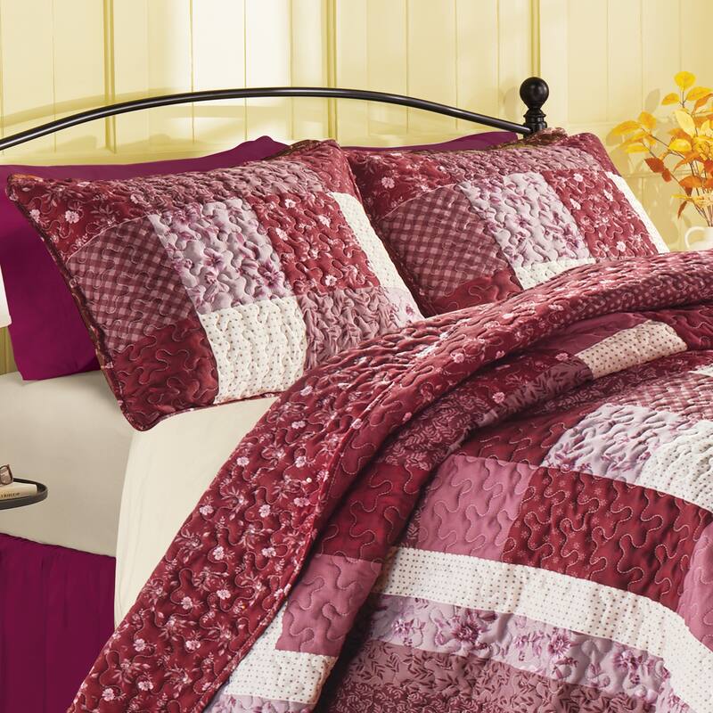 Charlotte Floral Patchwork-Style Pillow Sham - Burgundy - 7.500 x 4.750 x 2.500