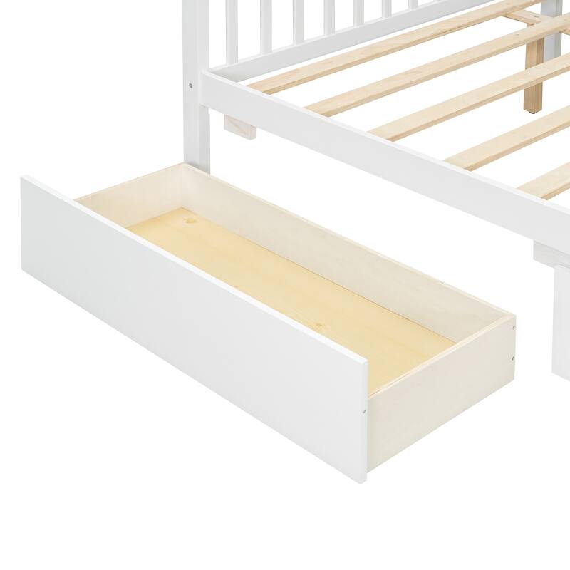 Full Size Wooden House Bed with Drawers, White - Spacious Storage, Solid Pinewood Construction, Headboard Included