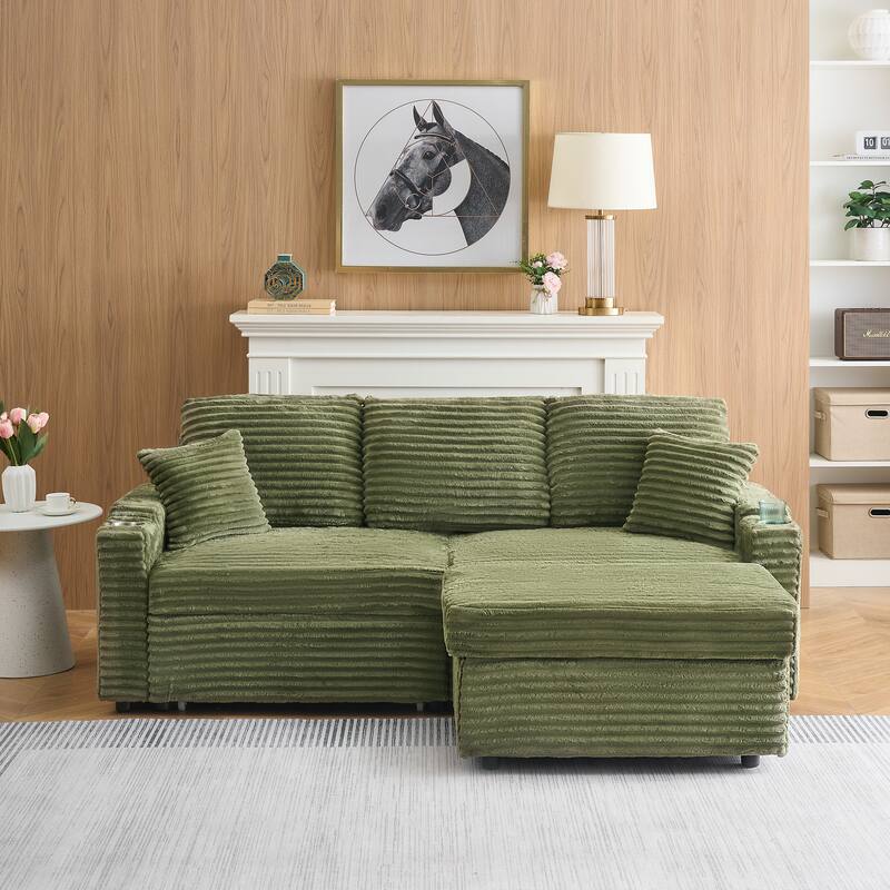 80 Inches Foldable and Hidden Storage Chaise Longue with cup holders - Green