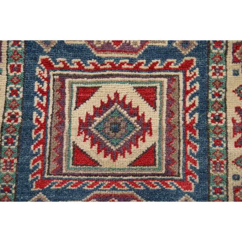 Blue Geometric Kazak Foyer Rug Handmade Wool Carpet - 2'0" x 3'0"